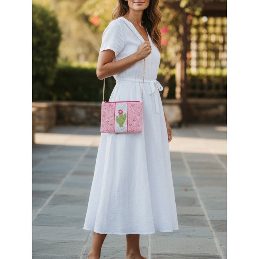 Kay Lee Pink Catcus Beaded Crossbody Bag New